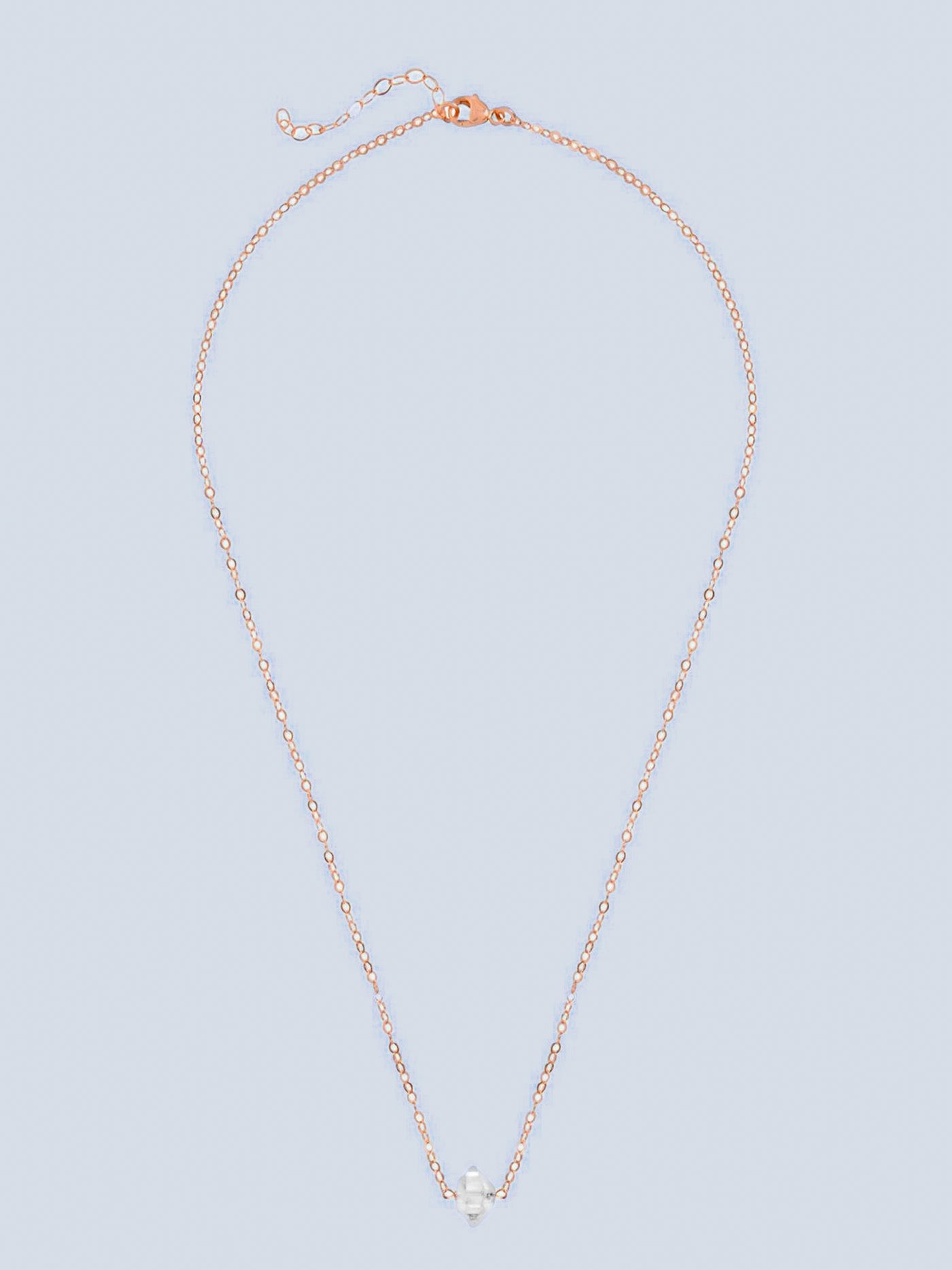 Herkimer Diamond Gold Addison Necklace. A delicate 14k rose gold fill chain choker featuring a Herkimer diamond, with an added extension chain to ensure a perfect fit. Adjustable length.