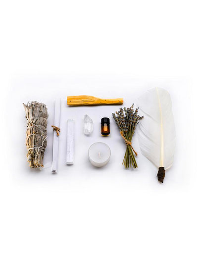 This Ritual Kit includes: Lavender mini bouquet, Lemon essential oils, White candle, Rough selenite, One or two quartz crystals (depending on size/ weight), California white sage stick , Holy palo santo wood from South America and a Turkey feather.