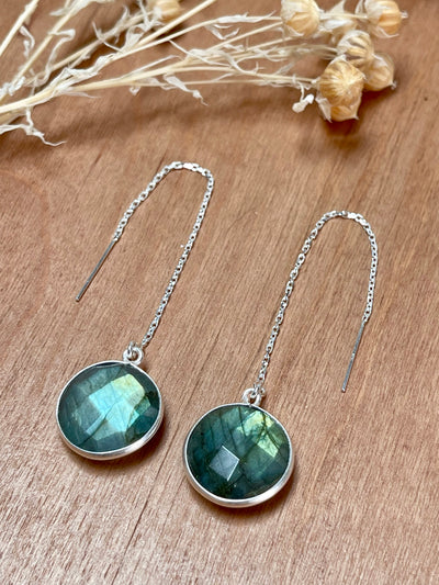 Labradorite Gold Equilibrium Earrings. These circular labradorite threader earrings are set in high quality sterling silver
