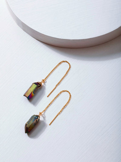 Rainbow Quartz Gold Threader Earrings. These  rainbow titanium coated quartz crystals are delicately wire wrapped and attached to high quality 14k yellow gold filled threader style earrings.