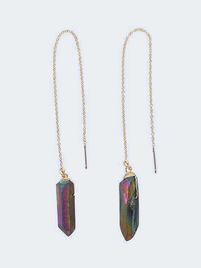 Rainbow Quartz Gold Threader Earrings. These  rainbow titanium coated quartz crystals are delicately wire wrapped and attached to high quality 14k yellow gold filled threader style earrings.