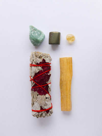 Success + Prosperity Only Crystal Kit with Green Aventurine, Citrine, Pyrite, White Sage, and Palo Santo.