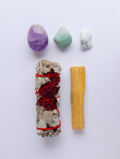 Calming + Anti-Anxiety Crystal Kit with AMAZONITE, Amethyst, Howlite, White Sage, and Palo Santo.