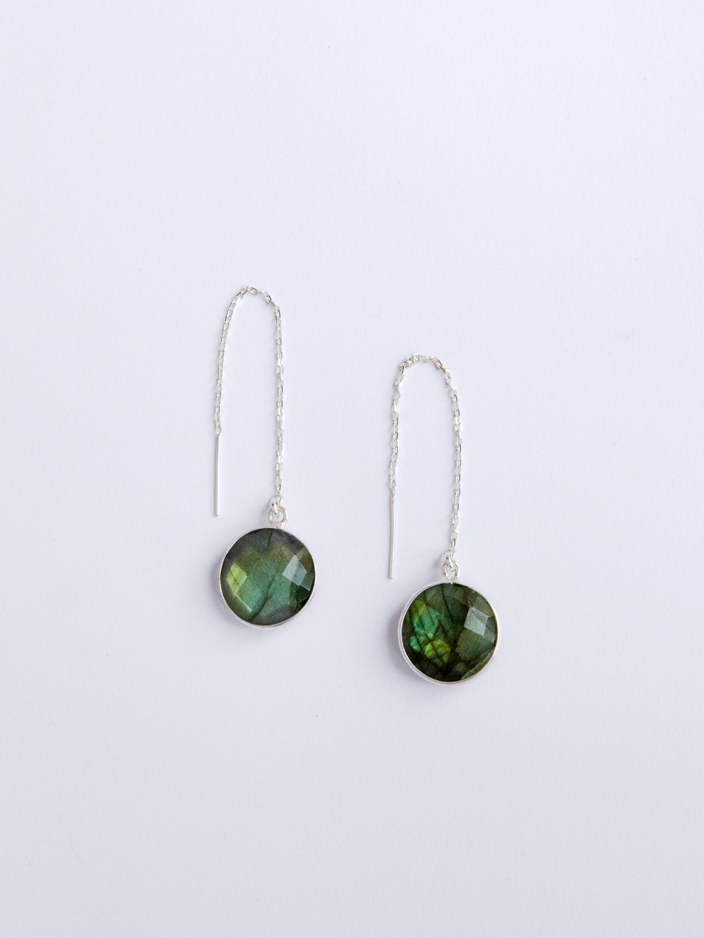 Labradorite Gold Equilibrium Earrings. These circular labradorite threader earrings are set in high quality sterling silver