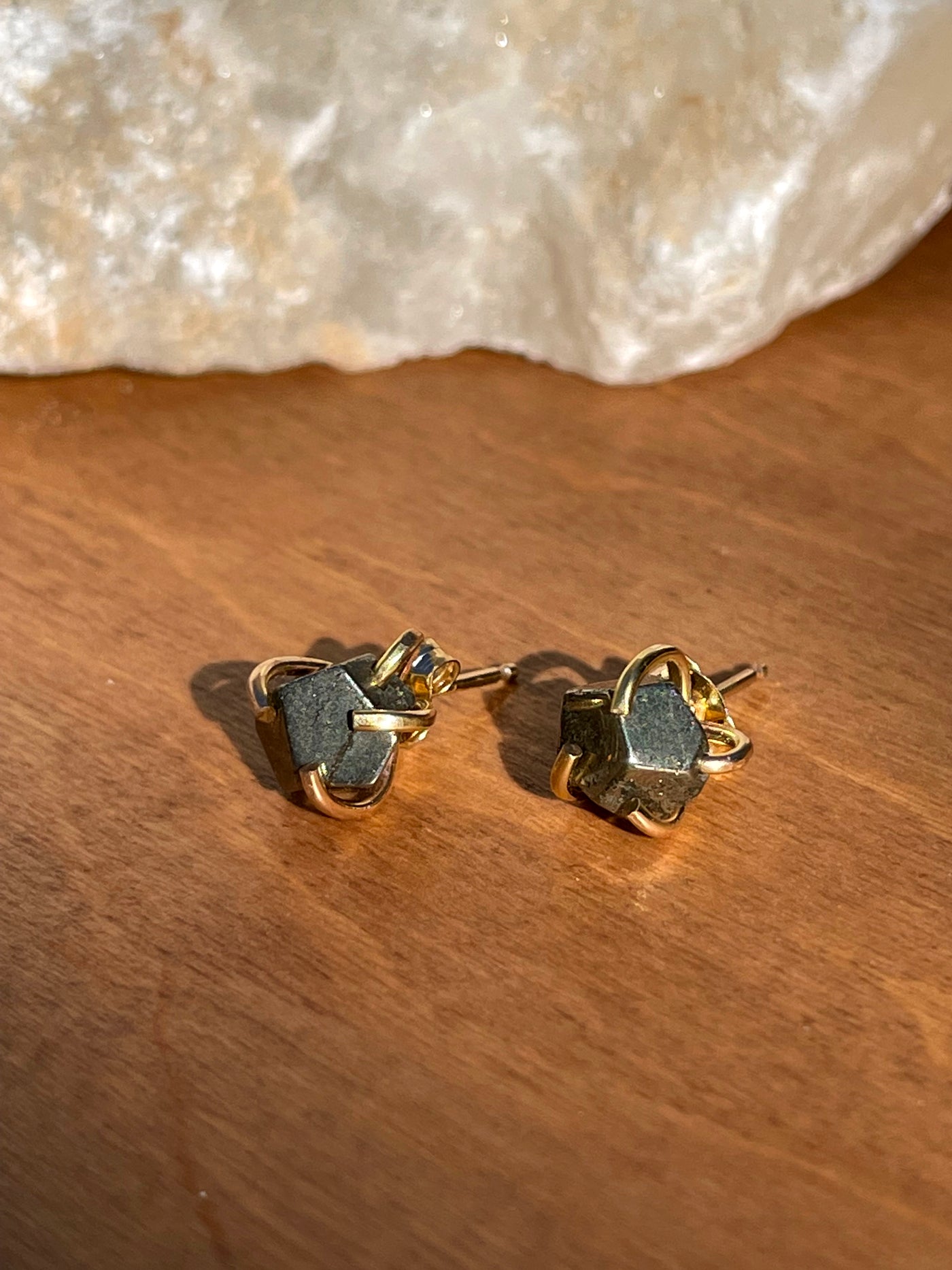 Pyrite Gold Prong Stud Earrings set in 5 handmade 14k yellow gold filled prongs.